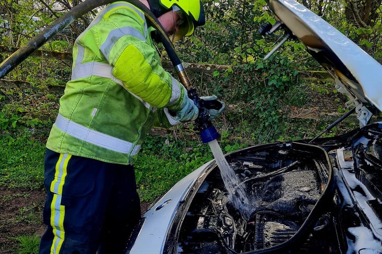 A car engine caught fire at Dean Prior near Buckfastleigh. Buckfastleigh Firefighters are pictured at the scene.
Picture: Buckfastleigh Fire Station (24-4-23)