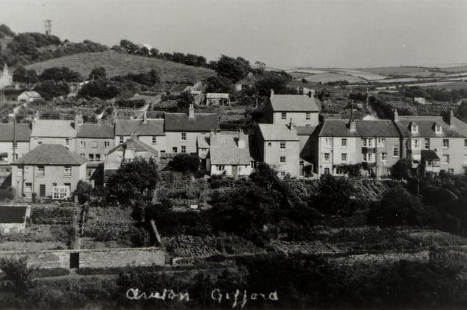 Back view of main street, Aveton Gifford, showing allotments and greenhouse.