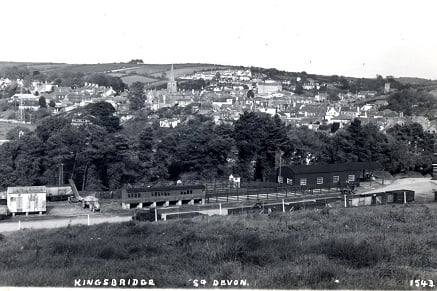 Kingsbridge - Newly built Rack Park council estate with allotments. Large shed was once Western General Bus Station