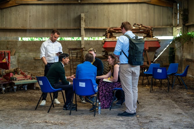 18/06/24 - Barnstaple, Devon. Prime Minister Rishi Sunak, Selaine Saxby, and David Cameron visit Chuggs Farm to hold a Q&A with farmers. Picture by Edward Massey / CCHQ