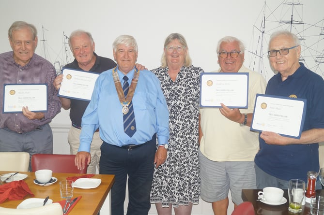 Hilary Bastone pictured (centre) with this year’s incoming Rotary president Mary Burden and award winners (from left) Martin Nutt, Martin Judd, Geoff Hicks and Peter Shaw.  Bill Parker was not present.      