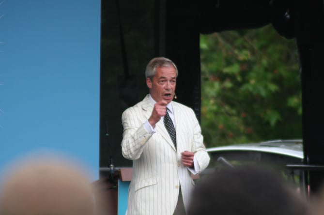 Nigel Farage speaking at Trago Mills, Newton Abbot, ahead of the July 4 general election 