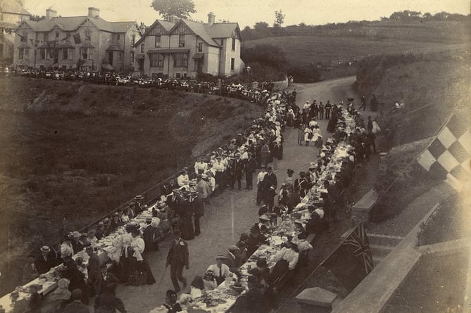 Tea tables stretching along the road, Diamond Jubilee celebrations, Salcombe. Top of Allenhayes Road before Methodist Chapel was built.