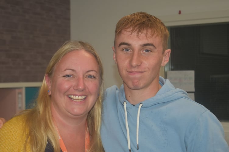 Student Josh with Mum at Brixham College Celebrating his GCSE Results