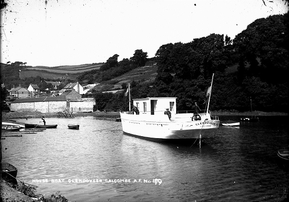 Houseboat Glendoveer, Salcombe. A.F. No. 189". 1900 = 1920. Moored Shadycombe Creek but taken astern of Glendoveer looking up towards head of creek