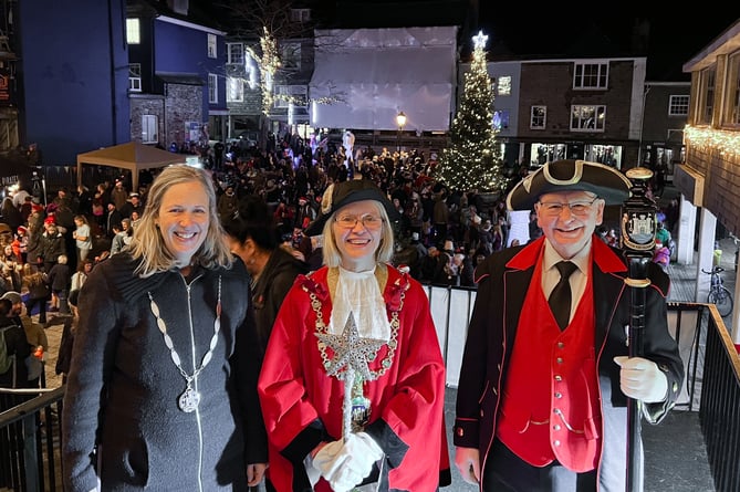 Last year's Totnes Christmas lights switch on by Mayor Cllr Emily Price (centre)