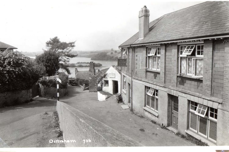 Red Lion Inn, Dittisham, with River Dart in background and small store next to Inn c1950.