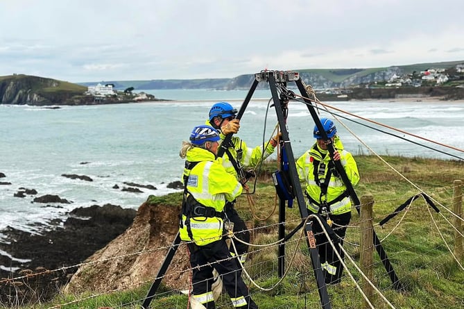 The teams set up their rope rescue system